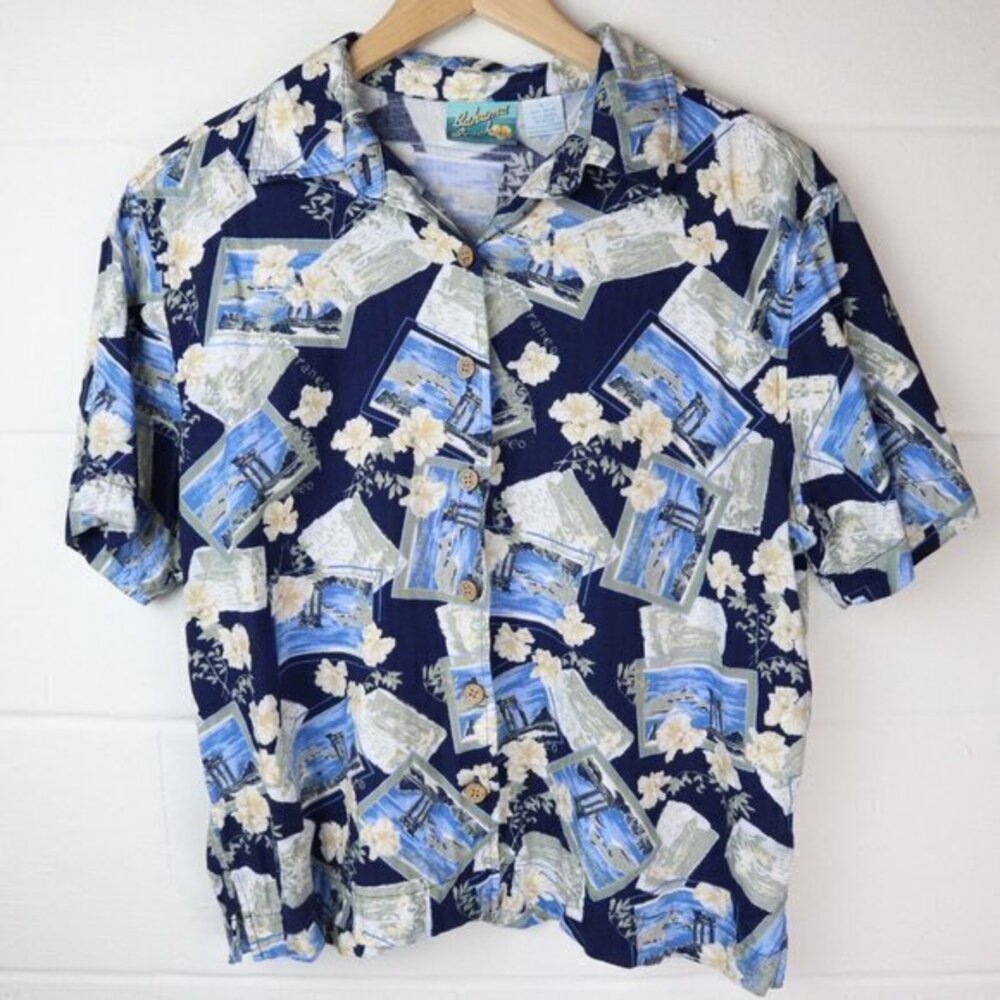 Bahama Beach Hawaiian Shirt Size L Top Hibiscus Floral Button Down Blouse Large